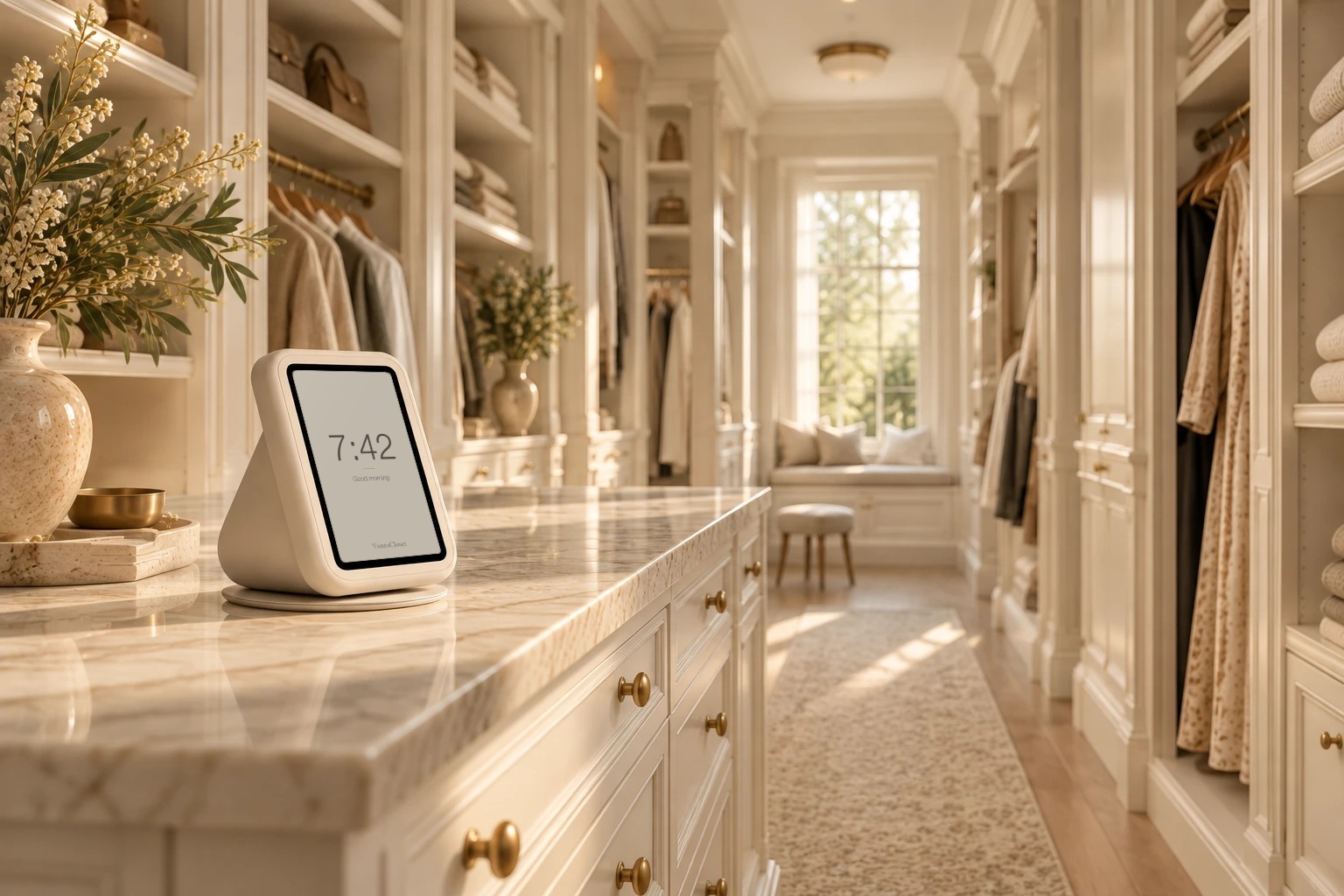 The Vento Box on a marble island in a long, classic walk-through closet with white millwork and brass hardware, its screen in a quiet idle mode showing the time and a soft good morning