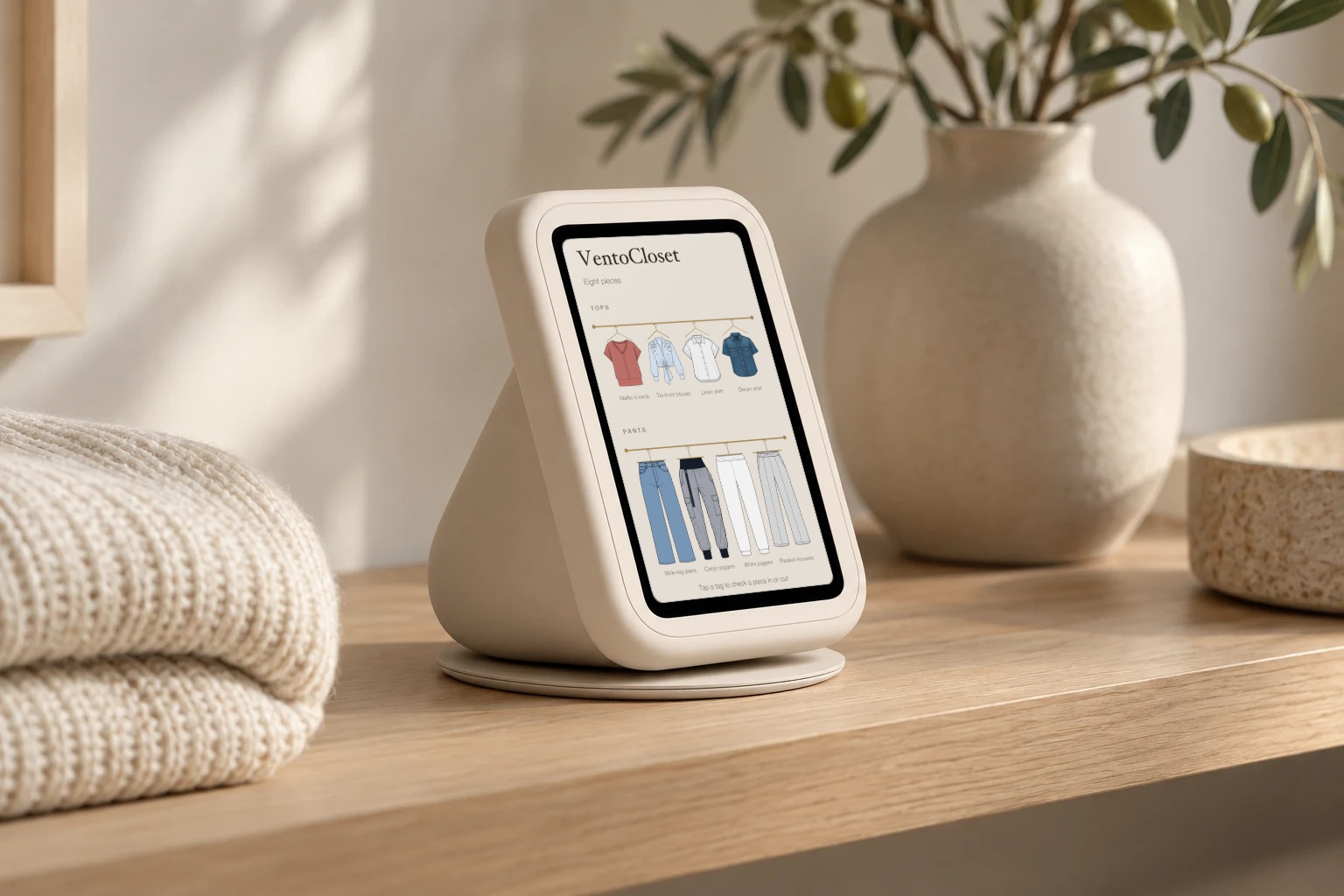 The Vento Box, a soft pear-shaped device, on an oak shelf beside a folded knit and a ceramic vase, its portrait screen showing the VentoCloset app