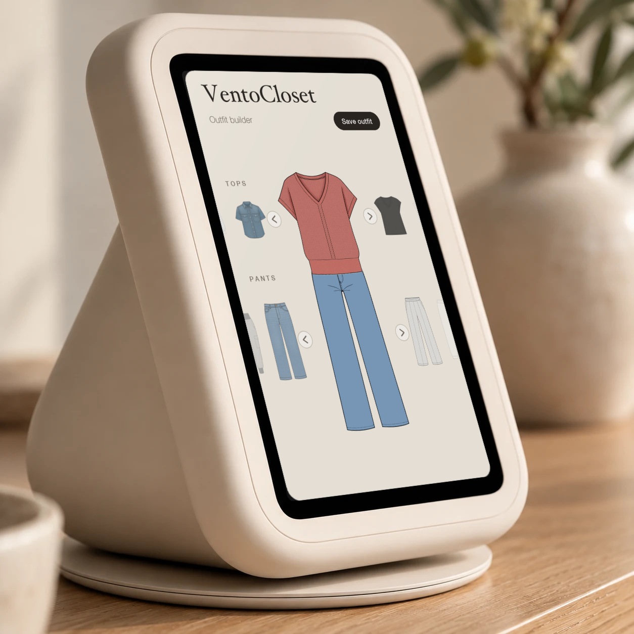 The Vento Box screen showing VentoCloset's outfit builder with a top and pants on a figure
