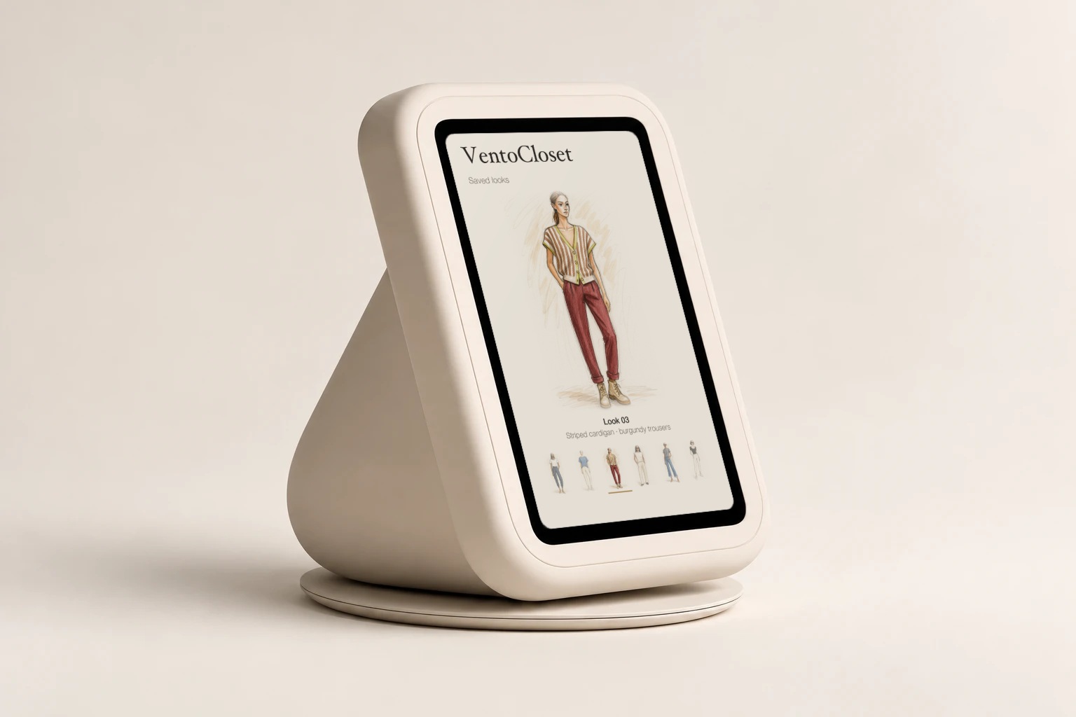 The Vento Box on a plain warm background: a soft pear-shaped body in matte oat with a raised face plate, its screen showing a sketched saved look in VentoCloset